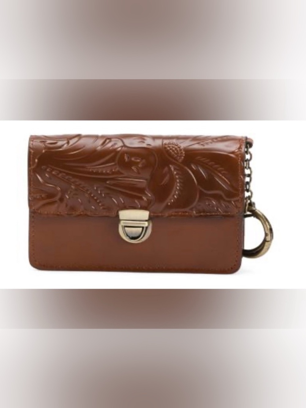 Patricia Nash Mini Lanza Key Fob Brown Tooled Full Grain Leather Wallet NIB
